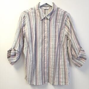 Morgan Crossing Button Up Top Size 14 Petite Striped 3/4 Sleeve Large​